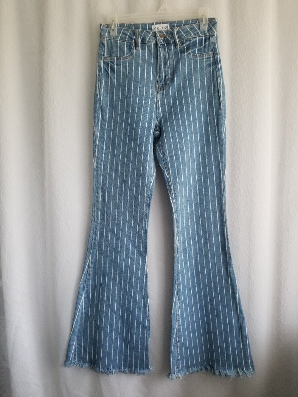 Cello High Rise Striped Bell Bottom Jeans Raw Hem Stretch 5